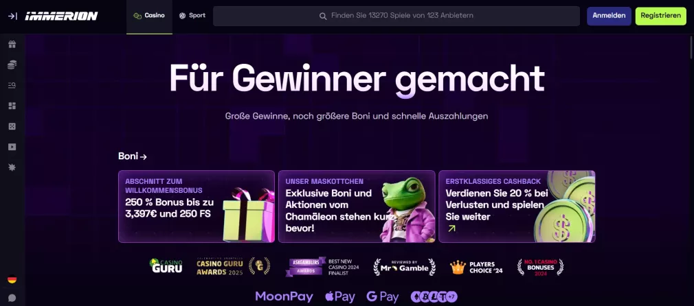 Immerion Casino – 250% Bonus bis zu 3.397 € + 250 Freispiele für deutsche Spieler
